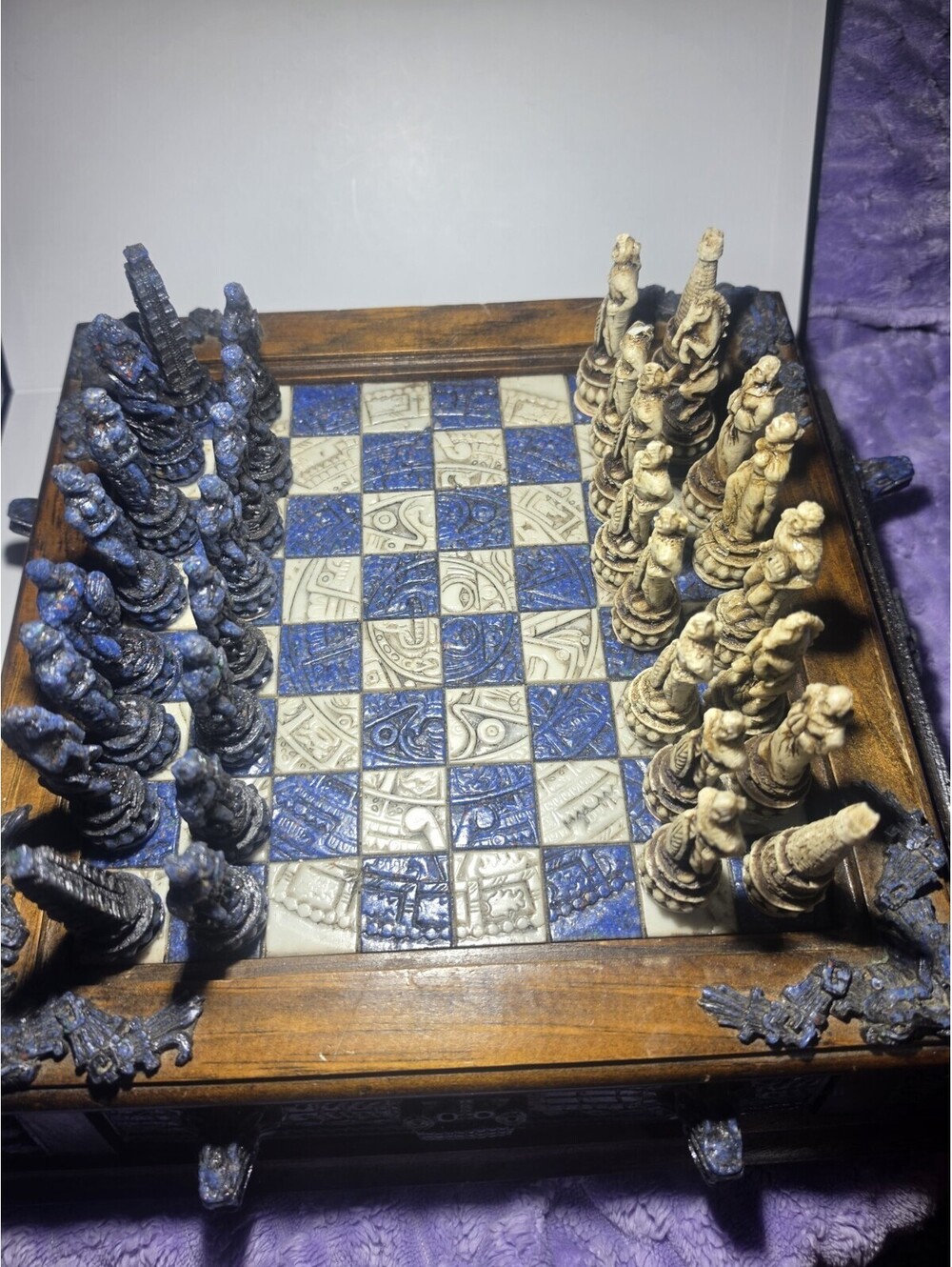 Aztec Mayan Dragon Chess Set Rare Collectible Antique Green Chess Board & Pieces